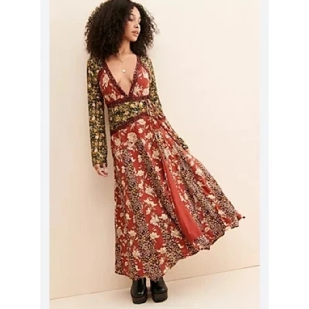 Free People Red and Black Floral Long Sleeve Dress